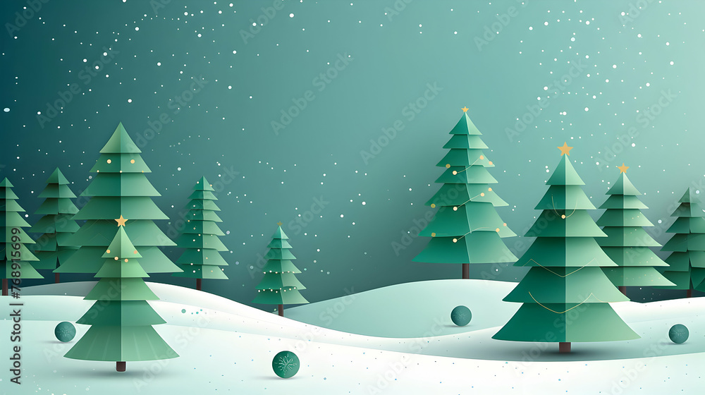 Paper art style Christmas trees with golden stars on a snowy landscape.