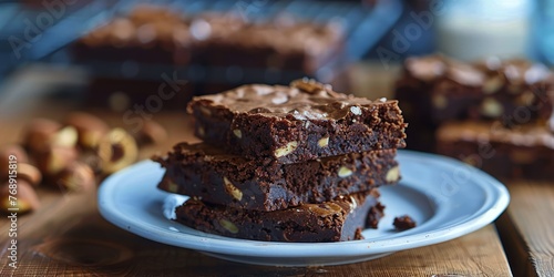 Decadent chocolate brownies stacked high with a backdrop of chocolate pieces