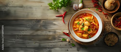 Heritage Thai food Massaman chicken Curry with spice and recipe flat lay image on   old wood plank background. Ai generative.