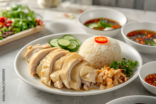 Chicken with rice, a delicious meal with fried chicken, green vegetables, and white rice, served for lunch or dinner. AI generative.