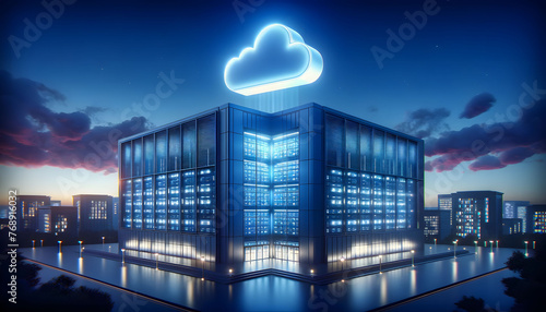 Modern Data Center Building At Twilight, With A Glowing Cloud Symbol Floating Above It