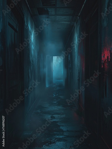 Capture the eerie atmosphere of a psychological thriller with a wide-angle shot of a dimly lit corridor, enhancing the feeling of suspense and mystery