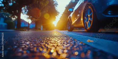 Golden hour journey with focus on car wheel igniting the path forward