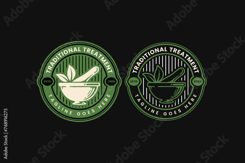 medicine mortar pounder badge logo design for cigarette and medical company business brand identity