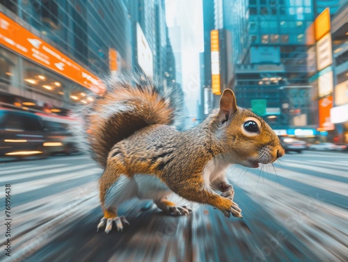 Zoom in on a squirrel darting across a busy street, symbolizing the resilience and agility of new urban species thriving in urban environments