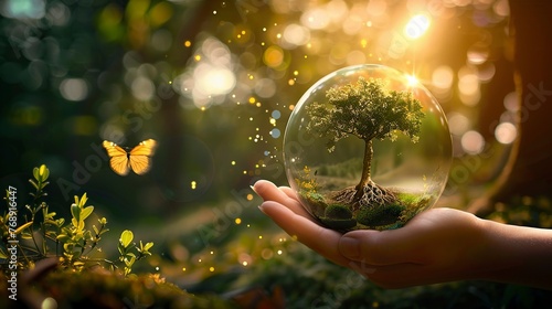 A Human Hand Cradles an Earth Crystal Glass Globe Containing a Thriving Tree. Environmental Stewardship Concept.