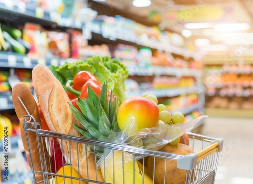 A shopping cart full of groceries including baguettes, green vegetables and fruits in the foreground with blurred shelves in the background stock photo contest winner, high resolution