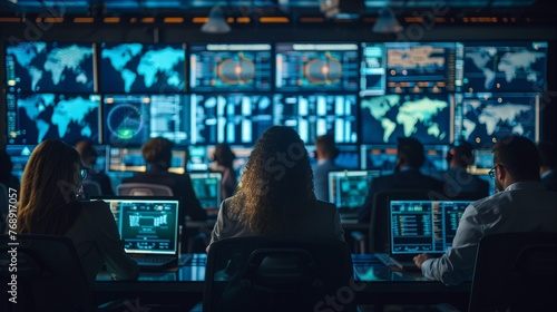 Computer monitors on the wall of a Cybersecurity Operations Center (SOC)