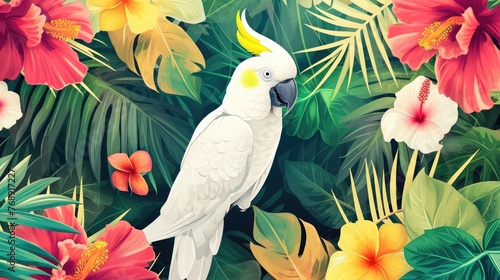 white bird in the middle of the colorful tropical plants photo
