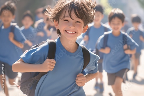 child running hurrying to the school for classes lessons in Welcome back to school concept