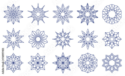 Shapes in the form of snowflakes or flowers in blue. Round shaped emblems. Geometric Christmas ornaments. Designer templates for invitations and holiday cards. Vector illustration.