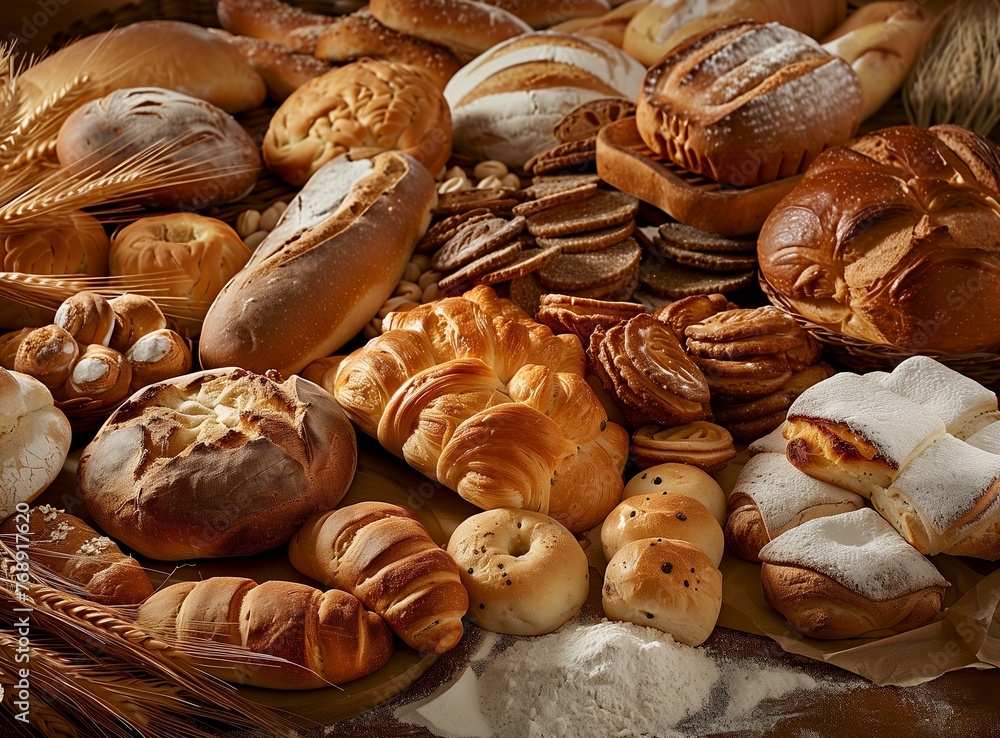A variety of breads and pastries, including baguettes, loaves, rolls, and sweet treats were arranged in an artistic display on the table, captured from above with a shallow depth of field.
