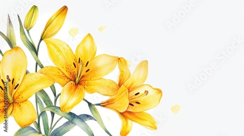 watercolor illustration border frame of yellow lily flower, clean white background, free copy space on the left