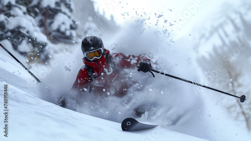 A man skiing down a snowy slope with his skis in the air. Concept of excitement and adrenaline as the skier navigates the challenging terrain