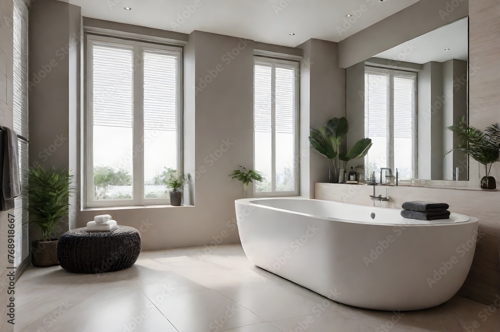 Fototapeta premium Contemporary bathroom interior with freestanding tub, big mirror, windows, round bathroom stool, lighting, natural materials, indoor plants, negative space