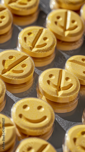 A row of yellow pills with a smiley face on them. The pills are in a plastic container