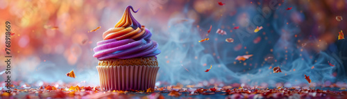 A Halloween themed cupcake featuring a perfectly sculpted witch hat its base engulfed in a swirl of mystical vibrant colored icing  3D render