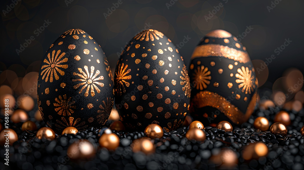 Black Easter eggs with gold ornaments Black Easter eggs with gold ornaments