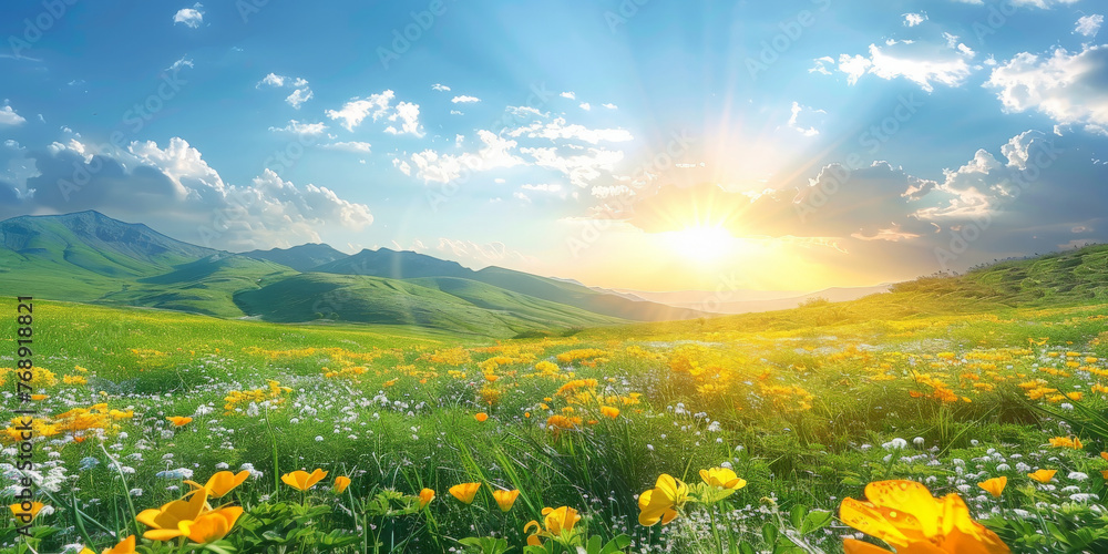 Obraz premium A bright sun shines on the green grass, yellow wildflowers of daisies blooming on blue sky background.A beautiful spring summer meadow..banner
