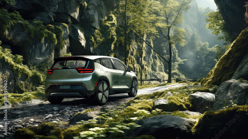 A green car is driving down a dirt road in a forest. The car is a hybrid and has a sleek design. Scene is peaceful and serene, as the car is surrounded by nature