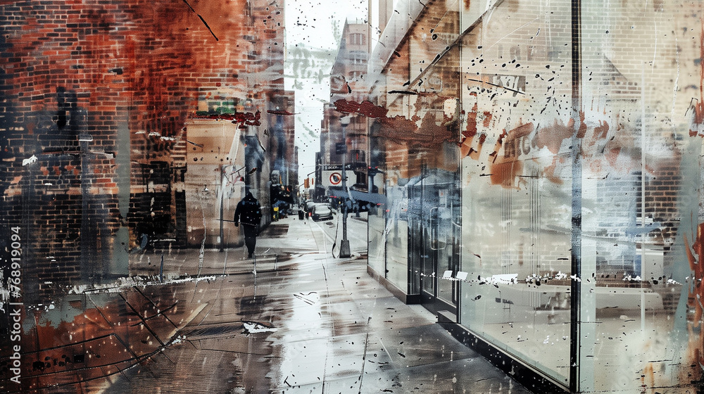 Fototapeta premium Urban scene reflected on glass with raindrops, showing pedestrians and cityscape.