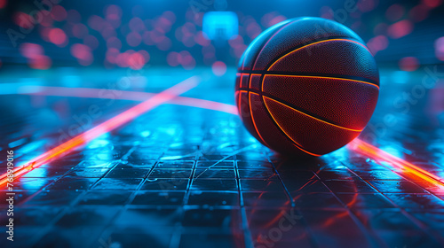 Close up of a basketball on a neon blue lit court low angle showcasing the textured ball against the vivid glowing court lines graphic design