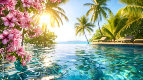 A beautiful beach scene with a pool and palm trees. The water is calm and clear, and there are pink flowers in the foreground. Scene is peaceful and relaxing, perfect for a day at the beach