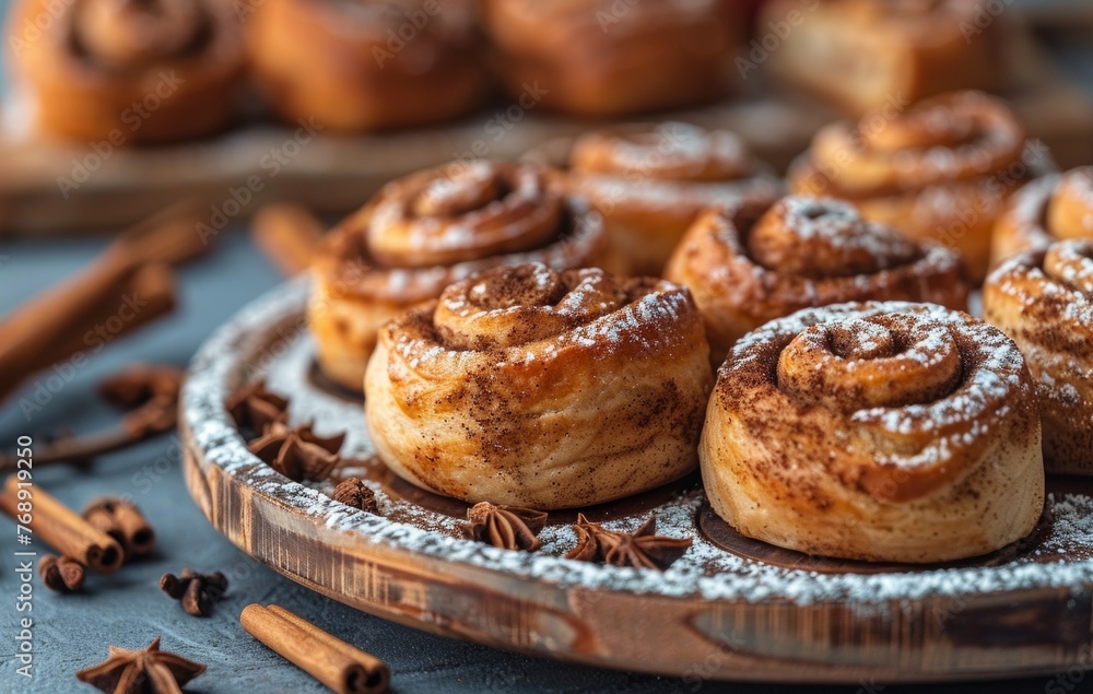 Artfully plated cinnamon rolls with chocolate shavings and powdered sugar