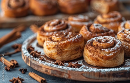 Artfully plated cinnamon rolls with chocolate shavings and powdered sugar