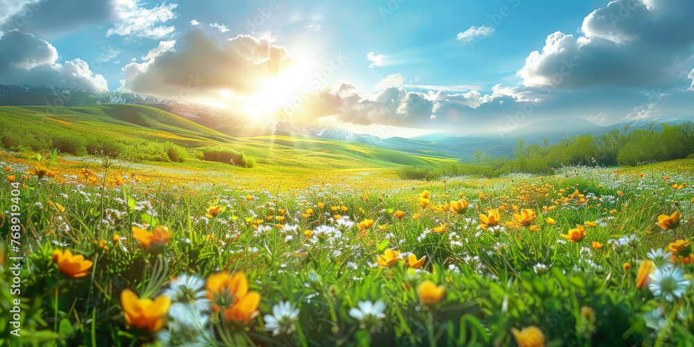A bright sun shines on the green grass, yellow wildflowers of daisies blooming  on  blue sky background.A beautiful spring summer meadow..banner
