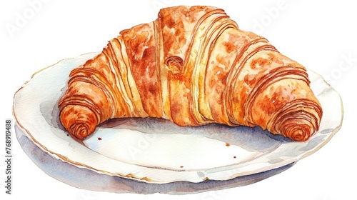 watercolor illustration of a croissant , lay on plate, isolated on white backdrop