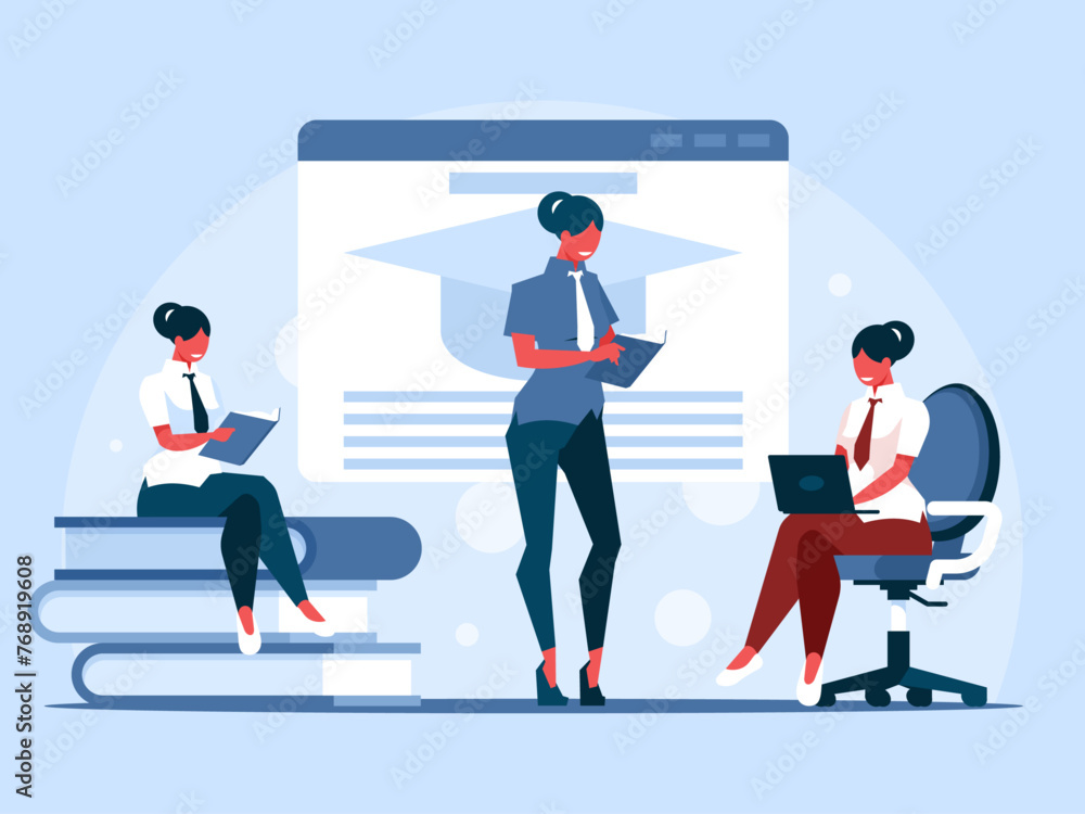 Learning online. Happy women reading books. Vector graphics Learning online. Happy women reading books. Vector graphics