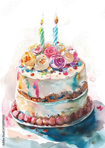 birthday cake , watercolor illustration, isolated on clean white background