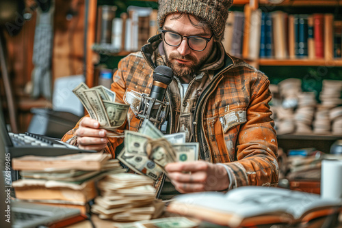 Concept of making money from podcasting business. Podcaster counting dollar bills with a microphone at home