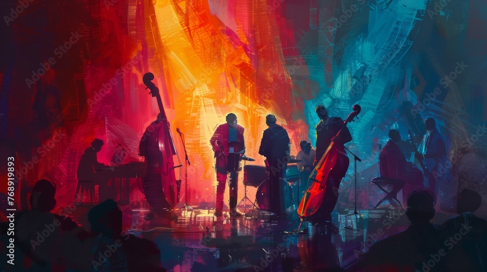 Abstract Jazz Band Performance Painting with Vivid Colors and Urban Silhouettes
