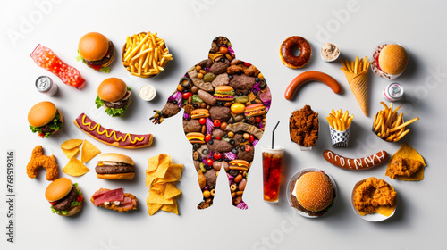 A large image of a man with a stomach made of food is surrounded by various types of food, including hamburgers, hot dogs, fries, and drinks