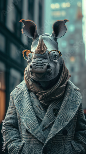 A rhinoceros wearing glasses and a scarf is standing in front of a building. The image has a whimsical and playful mood, as the rhinoceros is dressed in a suit and glasses, which is not a common sight