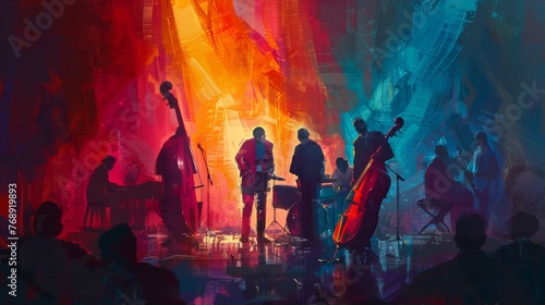 Abstract Jazz Band Performance Painting with Vivid Colors and Urban Silhouettes © Viktoriia