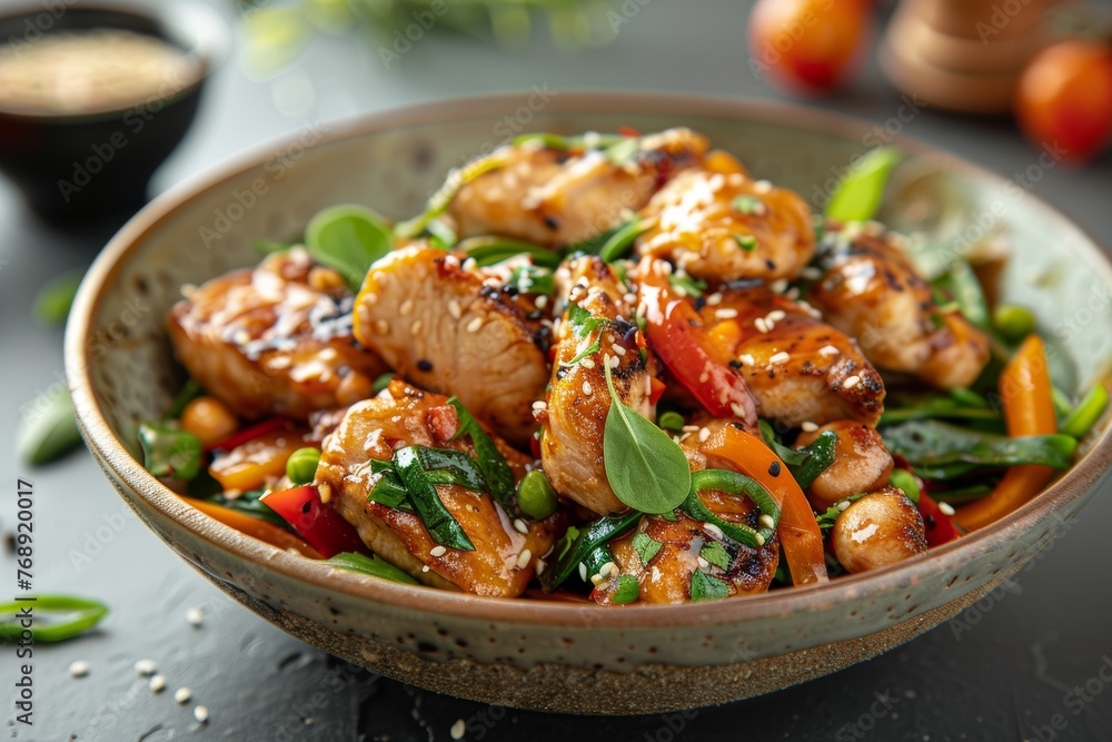 Savory Glazed Chicken Stir-fry with Snap Peas, Red Bell Pepper, and Sesame Seed Garnish Savory Glazed Chicken Stir-fry with Snap Peas, Red Bell Pepper, and Sesame Seed Garnish