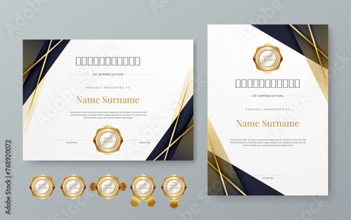 Black white and gold certificate of appreciation border template with luxury badge and modern line and shapes. Certificate of achievement, awards diploma, education, school