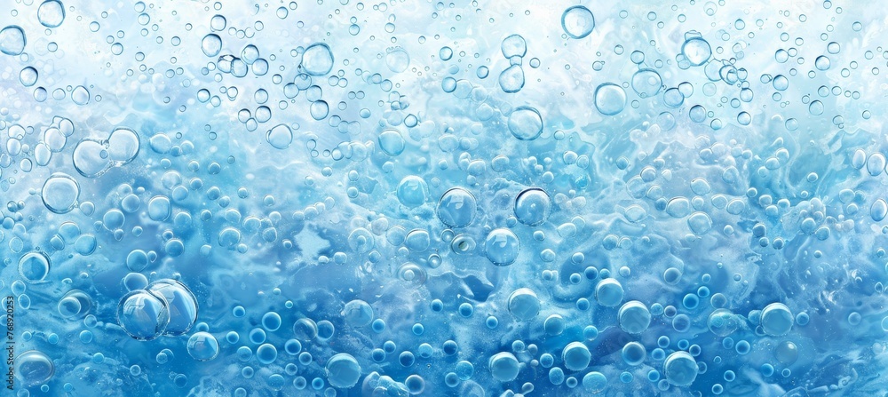 Light blue water bubbles with air drops in liquid background, refreshing aquatic theme Light blue water bubbles with air drops in liquid background, refreshing aquatic theme