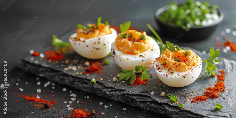 Savory Deviled Eggs with Bold Paprika on Dark Slate Surface Savory Deviled Eggs with Bold Paprika on Dark Slate Surface