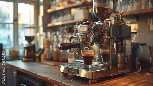 Barista s coffee tamper and espresso machine in a cozy cafe
