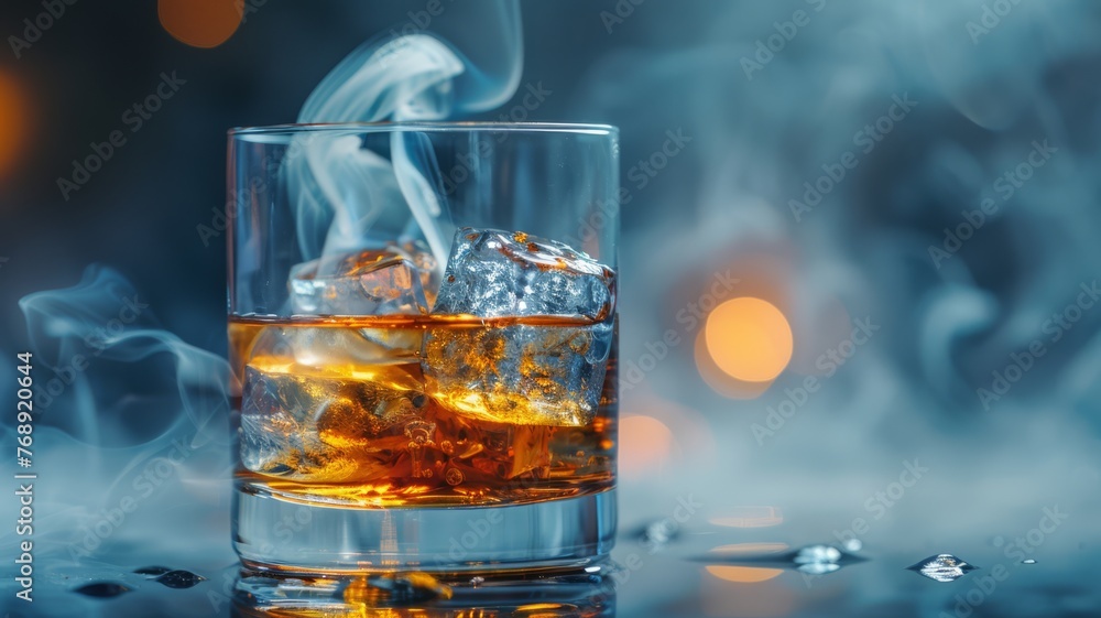 A glass of Scotch whisky with a single ice cube, and smoke A glass of Scotch whisky with a single ice cube, and smoke