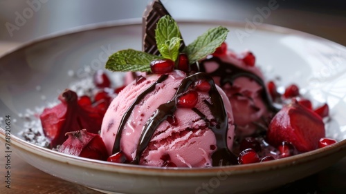 Pomegranate sorbet with dark chocolate drizzle