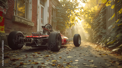 A red race car is parked on a street with leaves on the ground. The car is leaning to the left and he is in a junkyard photo