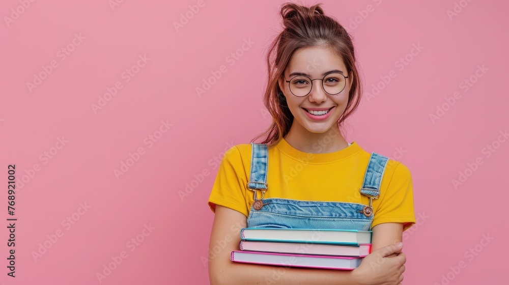 happy young student woman hold five new books, smile, clean background , free copy space on the left happy young student woman hold five new books, smile, clean background , free copy space on the left