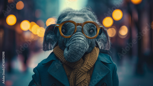 A cartoon elephant wearing glasses and a scarf. The elephant is standing in front of a city street with lights