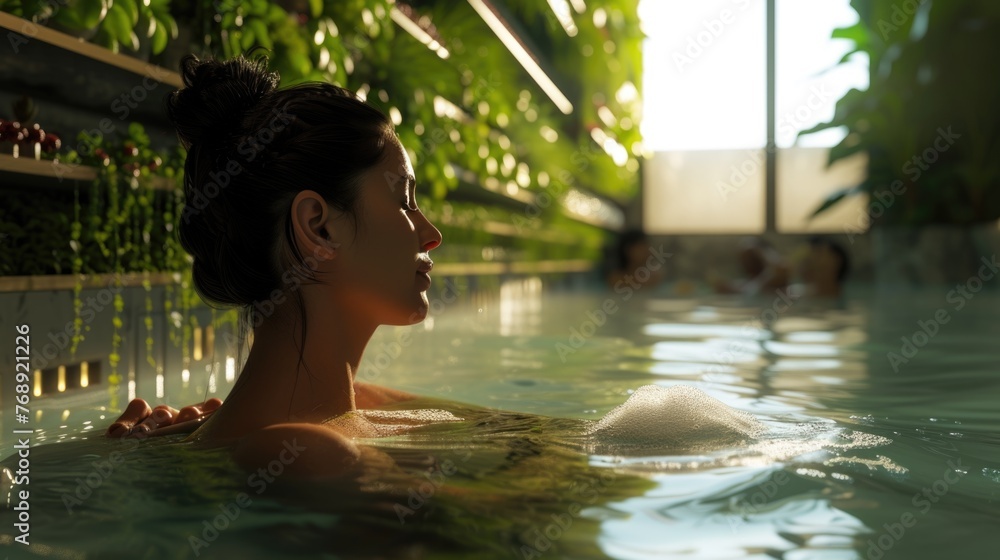 Serene Moment at Thermal Spa, tranquil spa setting, a young woman relishes the therapeutic embrace of natural thermal waters, immersed in a peaceful reverie