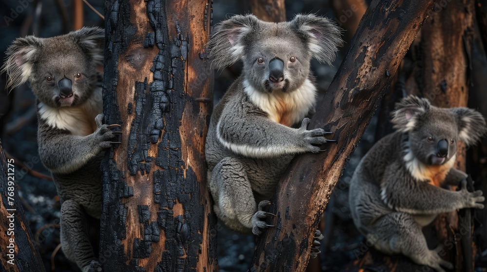 Naklejka premium A group of koalas clinging weakly to charred eucalyptus trees, their fur singed and their eyes red-rimmed from smoke and sickness. The devastation of their habitat is reflected in their desperate 